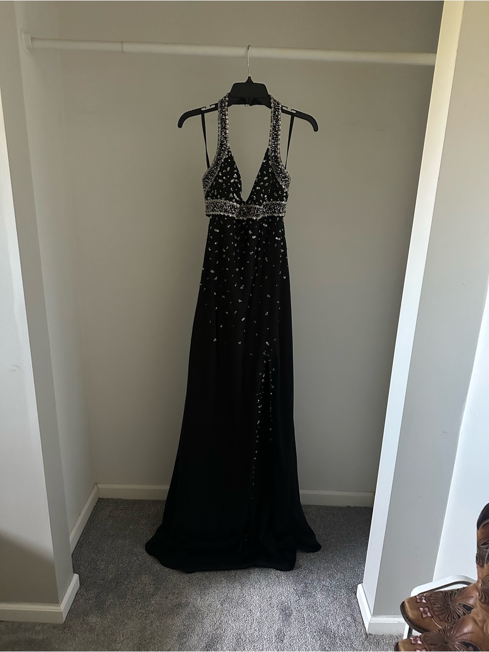 Black Embellished Halter Formal Dress